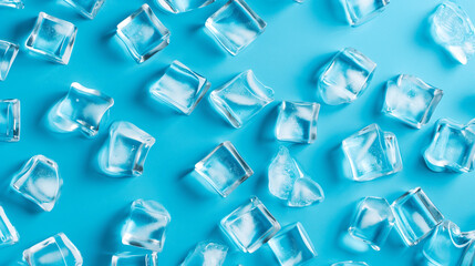 On a blue background, close-up of three ice cubes and water drops