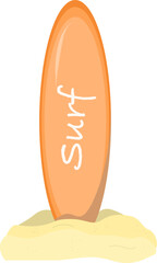 Surfing desk Cartoon summer elements, travel, beach, summertime accessory. Cocktails, ice cream and exotic fruits vector illustration set. Palm and serfing board. Umbrella and sunglasses