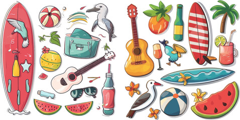 Summer symbols stickers, surf board