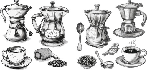 Coffee mill, kettle, sack with roasted beans, cezve. Latte and espresso cup hand drawn engraved vintage set for cafe