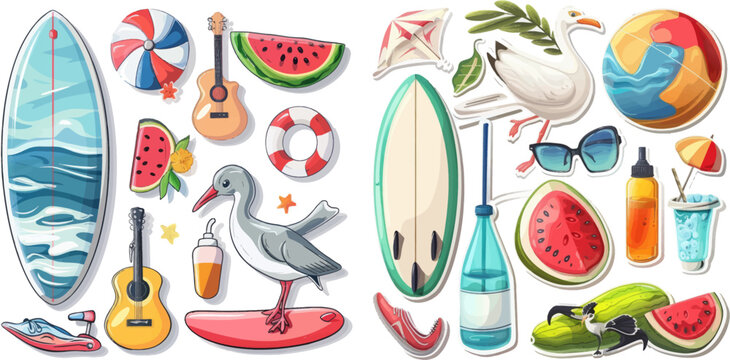 Beach ball, seagull, drinks, sunscreen and guitar