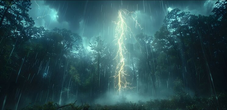 A lightning bolt illuminating a dark forest at night, the trees stark against the sudden bright light and the thunder echoing through the woods