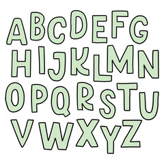 Hand drawn doodle set of green color letters isolated on white background. Alphabet for Children's Books and Toys, Early Childhood Education. Typographic content for children.