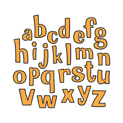 Hand drawn doodle set of orange color letters isolated on white background. Alphabet for Children's Books and Toys, Early Childhood Education. Typographic content for children.