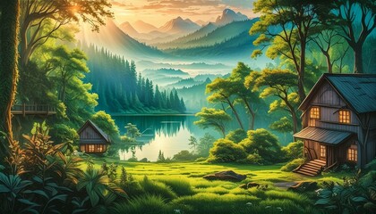 A breathtaking cinematic landscape painting captures a serene lake nestled within a lush, dark green forest. The still waters mirror the towering trees, AI Generated