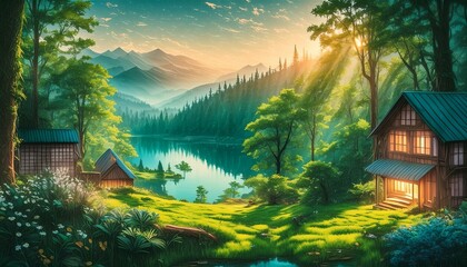 A breathtaking cinematic landscape painting captures a serene lake nestled within a lush, dark green forest. The still waters mirror the towering trees, AI Generated - obrazy, fototapety, plakaty
