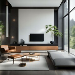 Modern living room with large windows, wooden furniture, and a view of greenery outside.