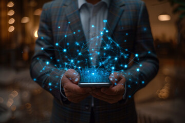 Businessman hands holding mobile phone with glowing blue connecting line. Network, connectivity, futuristic, modern technology concept.