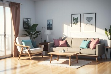 Modern living room with stylish furniture, plants, and framed artwork on the walls, bathed in natural sunlight.