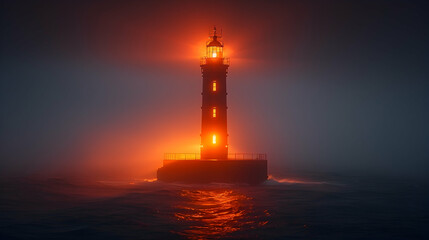 A long exposure of a lighthouse at twilight, its beam slicing through the mist and guiding ships to safety