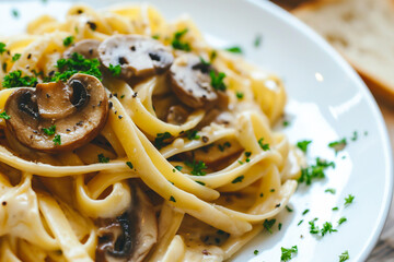 tasty tagliatelle pasta with mushrooms and herbs, close up