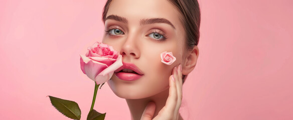 Close up of beautiful woman with perfect face and skin holding rose flower near her lips on pink background, beauty concept