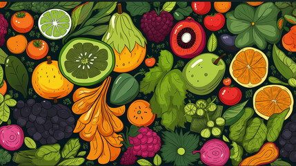 Background of vegetables and fruits and berries. Organic plant products, Illustration.