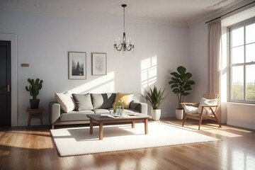Elegant living room with a modern grey sofa, wooden coffee table, and stylish armchair. Sunlight streams through large windows, highlighting indoor plants and chic decor.