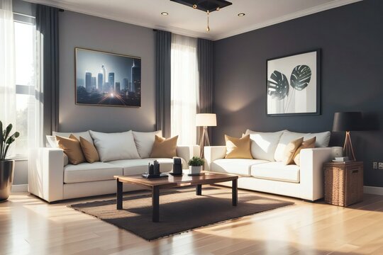 Elegant living room interior with modern furniture, large windows, and a cityscape painting on a dark wall.