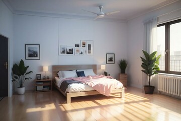 Modern bedroom interior with a cozy double bed, stylish furniture, and framed pictures on the wall. Sunlight streams through the window, creating a warm, inviting atmosphere.