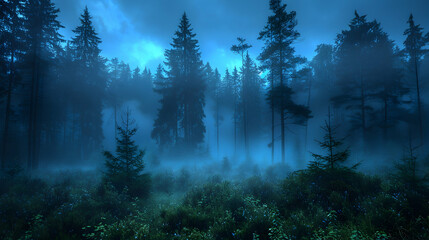 A misty forest at dawn, the trees silhouetted against a slowly brightening sky, with fog weaving through the undergrowth