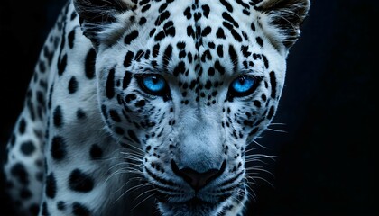 white spotted cheetah with blue eyes against a black background
