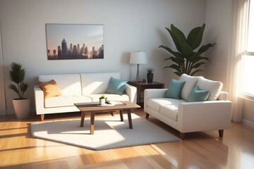 Modern living room with white sofas, a wooden coffee table, and indoor plants, bathed in natural sunlight.