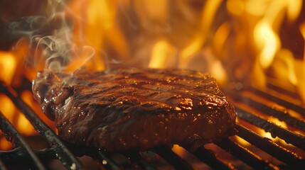 Close up of a delicious grilled steak with flames in the background.