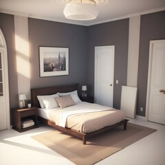 Elegant bedroom interior with a modern bed, side table, and a framed cityscape artwork on the wall. Neutral tones and natural light create a calm atmosphere.