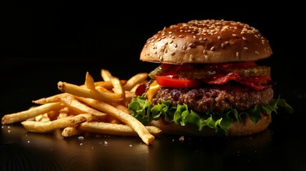 Delicious hamburger with fries on the side, black background.