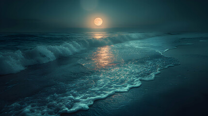 A moonlit beach with waves gently lapping at the shore, the light of the moon creating a pathway across the water - obrazy, fototapety, plakaty