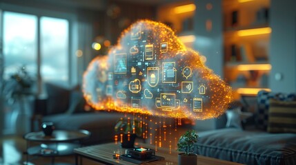 Cartoon cloud in 3D connected to IoT devices in a smart home, symbolizing cloud system integration