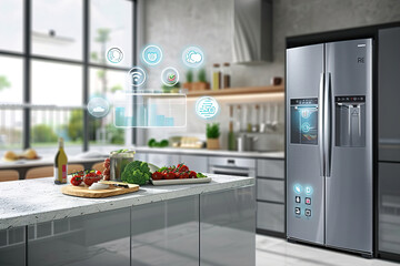 A connected smart kitchen scene with IoT appliances like a smart fridge and oven.