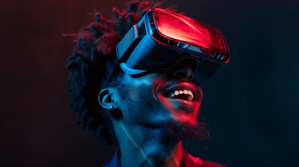 Smiling dark skin man, in virtual reality glasses,. Dark background.
