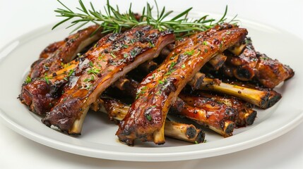 A plate of grilled ribs with herbs and spices, in a closeup shot on a white background