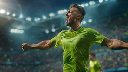 A soccer player in a bright green shirt celebrating scoring a goal on stadium background.