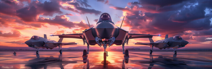 Modern fighter jets stand on the runway of an airfield against the backdrop of sunset.