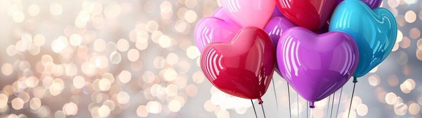 A group of colorful heart-shaped balloons on an abstract background with bokeh. Copy space.