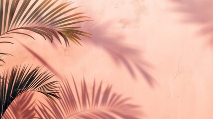 Abstract background with palm shadows on light pastel peach color wall. Copy space.