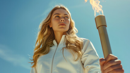 An woman athlete in a tracksuit holds a torch with the Olympic flame against a blue sky.