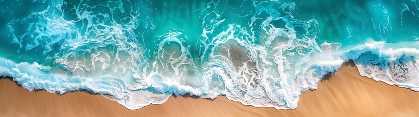 Aerial drone photo of ocean soft waves with sandy beach. Banner.
