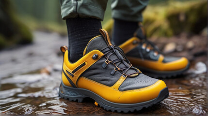 Naklejka premium Modern waterproof hiking shoes, close up.