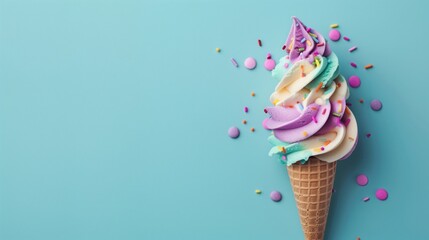 A cone of colorful soft serve ice cream on a blue background with copy space. Top view.