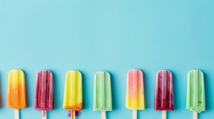 Multicolored popsicles on blue background top view. Copy space.