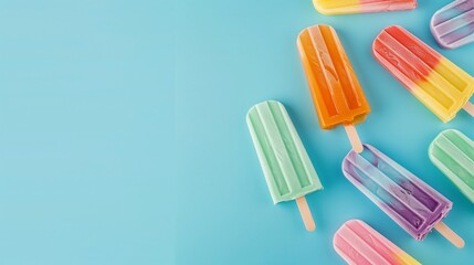 Colorful popsicles on pastel blue background with copy space. Top view .