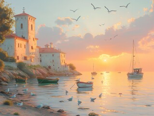 A painting of a beach with a sunset and a few boats. The mood of the painting is peaceful and serene