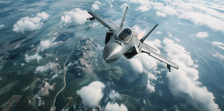 Fighter jet flying in the sky, view from above.