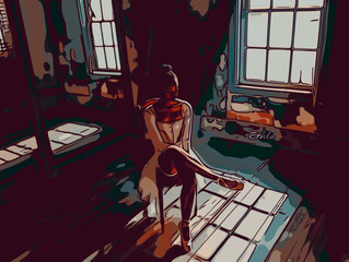 A young ballerina in traditional attire sits contemplatively in a ray of sunlight, poised for rehearsal amidst the faded charm of a dilapidated ballet studio. - obrazy, fototapety, plakaty