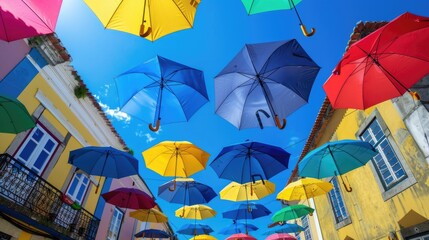 Fototapeta na wymiar Colorful Travel. Abstract Colourful Umbrella Street Decoration in Aveiro, Portugal