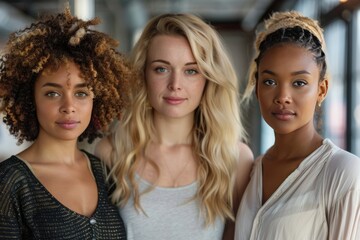Fototapeta premium Close-up portrait of three young multiethnic female models standing together. Charming sexy girls with different hair colors and skin types. Women's beauty, body care and diversity.