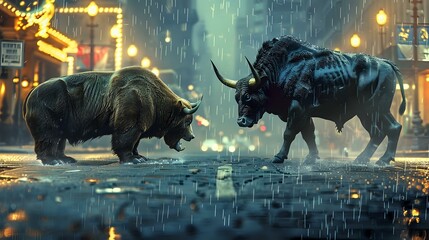 The Battle for Market Supremacy: Bull vs Bear in a Riveting Scene - obrazy, fototapety, plakaty
