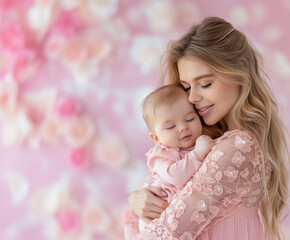 Mother and daughter in pink clothes on a pink background with flowers.
