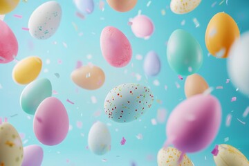 Colorful hand painted Easter eggs floating in the air on turquoise pastel background. Easter decoration, banner, panorama, background with copy space for text. Happy Easter.