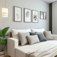 Modern living room interior with white sofa, decorative pillows, and framed wall art. - obrazy, fototapety, plakaty
